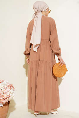 Düğmeli Kat Kat Tensel Elbise Latte - Tesettür Elbise