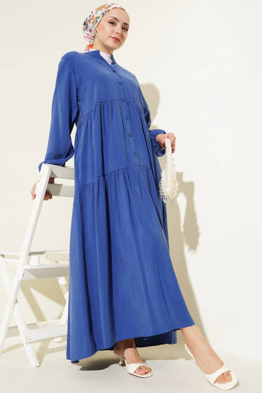 Düğmeli Kat Kat Tensel Elbise Mavi - Elbise