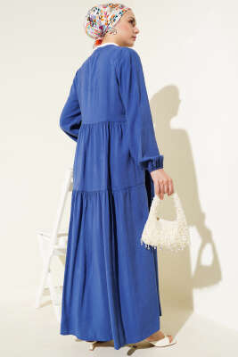 Düğmeli Kat Kat Tensel Elbise Mavi - Tesettür Elbise
