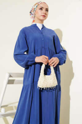 Düğmeli Kat Kat Tensel Elbise Mavi - Tesettür Elbise