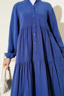 Düğmeli Kat Kat Tensel Elbise Mavi - Tesettür Elbise