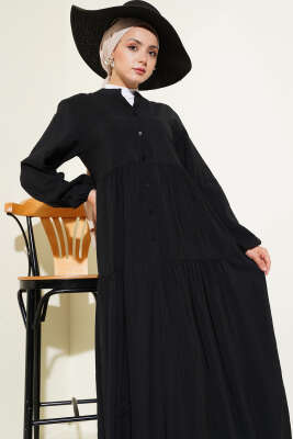 Düğmeli Kat Kat Tensel Elbise Siyah - Tesettür Elbise