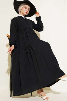 Düğmeli Kat Kat Tensel Elbise Siyah 