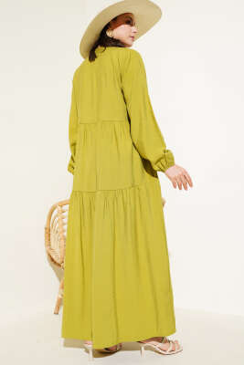 Düğmeli Kat Kat Tensel Elbise Yağ Yeşili - Tesettür Elbise
