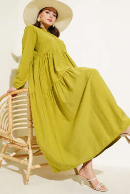 Düğmeli Kat Kat Tensel Elbise Yağ Yeşili 