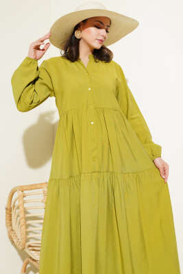 Düğmeli Kat Kat Tensel Elbise Yağ Yeşili - Tesettür Elbise