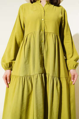 Düğmeli Kat Kat Tensel Elbise Yağ Yeşili - Tesettür Elbise