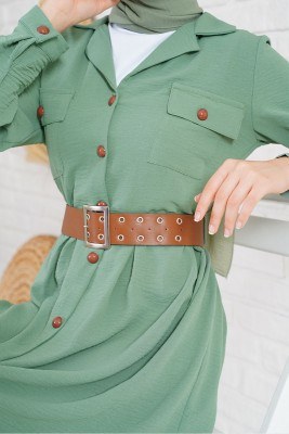 Düğmeli Kemerli Çağla Yeşili Elbise - Thumbnail