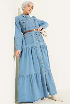 Düğmeli Kemerli Cepli Kot Elbise Açık Mavi - TEGOE