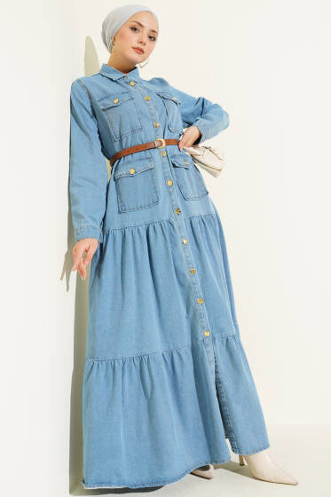 Düğmeli Kemerli Cepli Kot Elbise Açık Mavi - Elbise