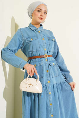 Düğmeli Kemerli Cepli Kot Elbise Açık Mavi - Elbise