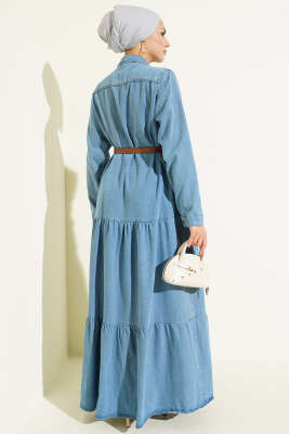 Düğmeli Kemerli Cepli Kot Elbise Açık Mavi - Elbise