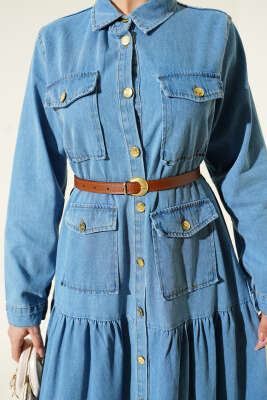 Düğmeli Kemerli Cepli Kot Elbise Açık Mavi - Elbise