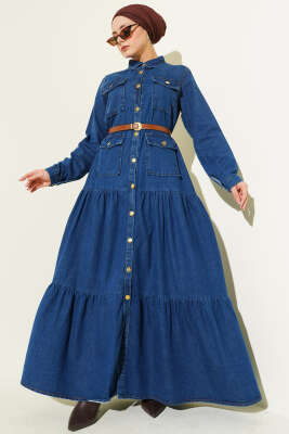 Düğmeli Kemerli Cepli Kot Elbise Mavi - TEGOE