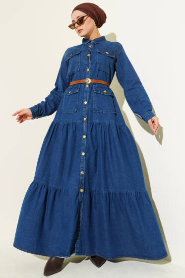 Düğmeli Kemerli Cepli Kot Elbise Mavi - Elbise