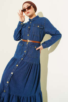 Düğmeli Kemerli Cepli Kot Elbise Mavi - Elbise