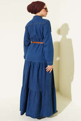 Düğmeli Kemerli Cepli Kot Elbise Mavi - Elbise