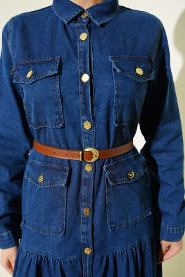 Düğmeli Kemerli Cepli Kot Elbise Mavi - Elbise