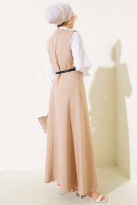 Düğmeli Kemerli Jile Elbise Bej - Bayram Kombinleri