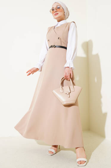 Düğmeli Kemerli Jile Elbise Bej - Elbise