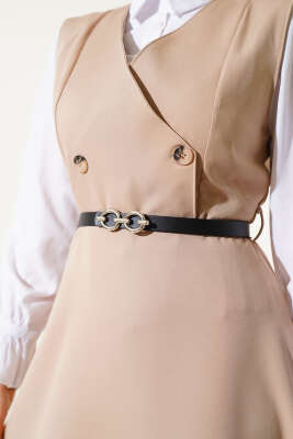 Düğmeli Kemerli Jile Elbise Bej - Tesettür Elbise