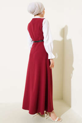 Düğmeli Kemerli Jile Elbise Bordo - Bayram Kombinleri