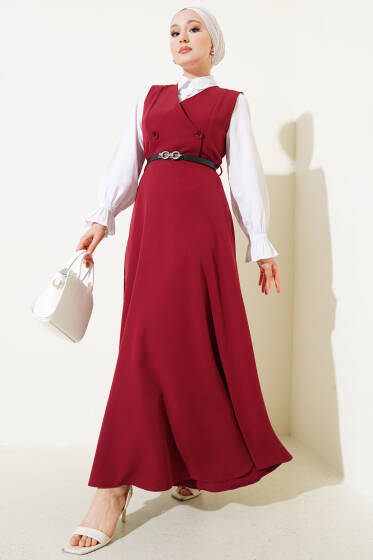 Düğmeli Kemerli Jile Elbise Bordo - Elbise