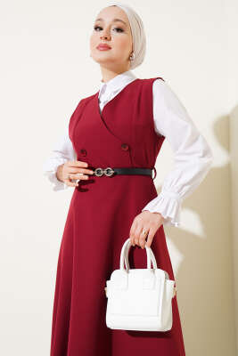 Düğmeli Kemerli Jile Elbise Bordo - Tesettür Elbise