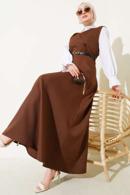 Düğmeli Kemerli Jile Elbise Kahve 