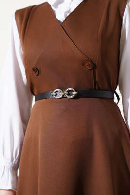 Düğmeli Kemerli Jile Elbise Kahve - Tesettür Elbise