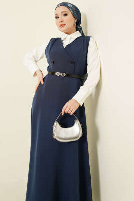 Düğmeli Kemerli Jile Elbise Lacivert - Bayram Kombinleri