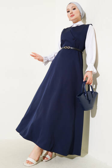 Düğmeli Kemerli Jile Elbise Lacivert - Elbise