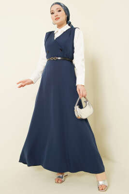 Düğmeli Kemerli Jile Elbise Lacivert - MUSTİ