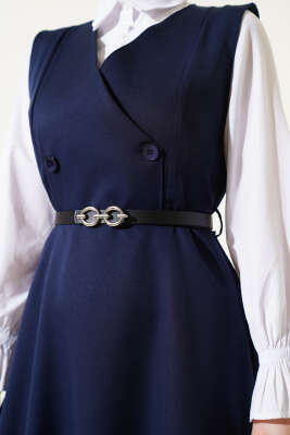 Düğmeli Kemerli Jile Elbise Lacivert - Tesettür Elbise