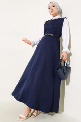 Düğmeli Kemerli Jile Elbise Lacivert 
