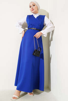 Düğmeli Kemerli Jile Elbise Saks - 700-1000 TL Ürünler