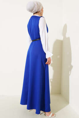 Düğmeli Kemerli Jile Elbise Saks - Bayram Kombinleri