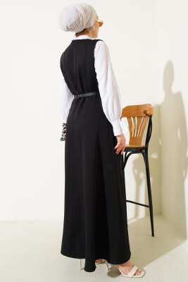 Düğmeli Kemerli Jile Elbise Siyah - Bayram Kombinleri