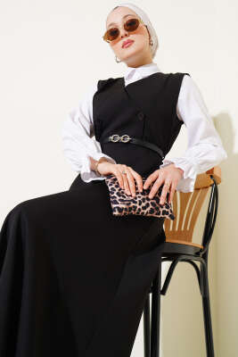 Düğmeli Kemerli Jile Elbise Siyah - Bayram Kombinleri