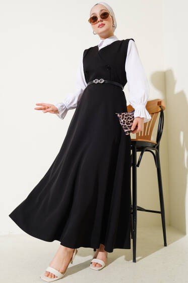 Düğmeli Kemerli Jile Elbise Siyah - Bayram Kombinleri