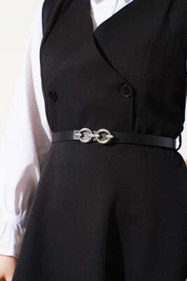 Düğmeli Kemerli Jile Elbise Siyah - Tesettür Elbise