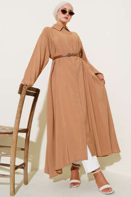 Düğmeli Kemerli Uzun Tunik Camel 