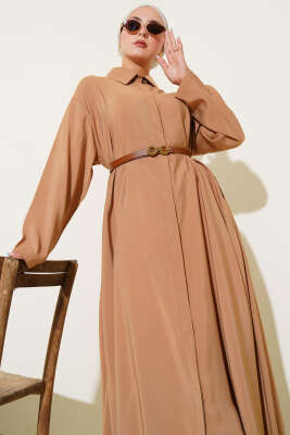 Düğmeli Kemerli Uzun Tunik Camel - Tunik