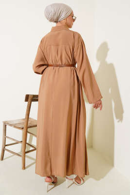 Düğmeli Kemerli Uzun Tunik Camel - Tunik