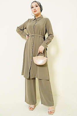 Düğmeli Kemerli Uzun Tunikli İkili Takım Haki - BERAT TEKSTİL