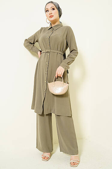 Düğmeli Kemerli Uzun Tunikli İkili Takım Haki - İkili Takım