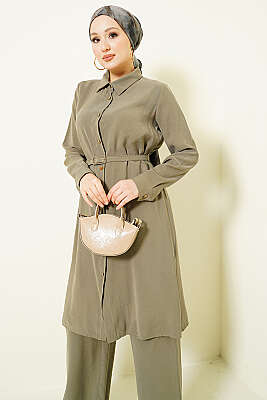 Düğmeli Kemerli Uzun Tunikli İkili Takım Haki - İkili Takım