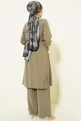 Düğmeli Kemerli Uzun Tunikli İkili Takım Haki - İkili Takım