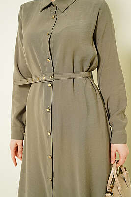 Düğmeli Kemerli Uzun Tunikli İkili Takım Haki - İkili Takım