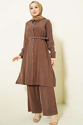 Düğmeli Kemerli Uzun Tunikli İkili Takım Kahve - BERAT TEKSTİL